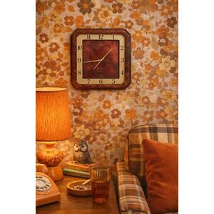 Seiko Quartz Wall Clock Vintage Red‎ Marble Burl Wood Style Square 11.5in